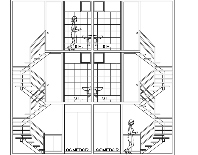 The front cut section view of the 7x8m house building 2d cad drawing file