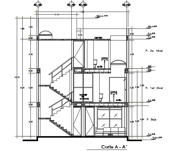 The front cut section view of the 8x18m house building
