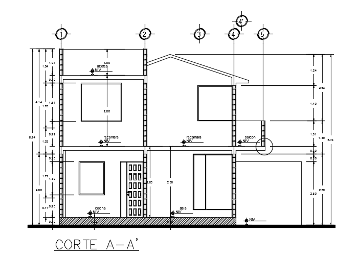 The front cut section view of the 8x7m house building CAD drawing