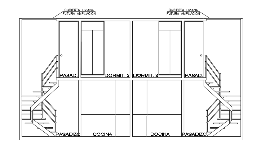 The front cut section view of the 9x15m house building 2d cad drawing file