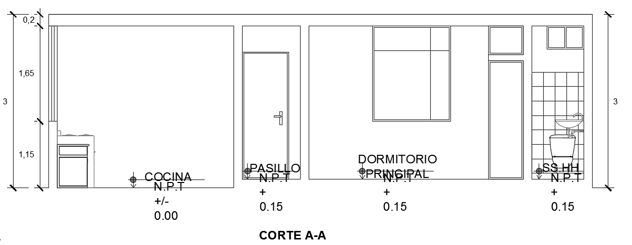 The front cut section view of the 9x15m house building AutoCAD drawing