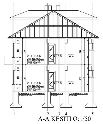 The front cut section view of the 9x15m house building