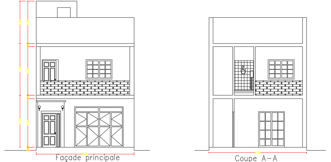 The front elevation and section drawing of the 6x16m house building