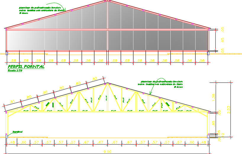The front elevation and section view of the polycarbonate CAD drawing