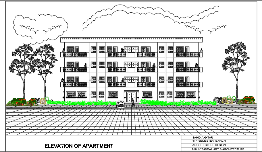The front elevation model of the 27x20m apartment house building 2d AutoCAD drawing is given