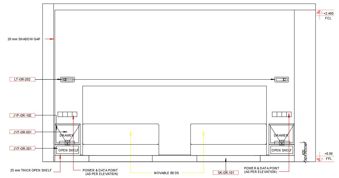 The front elevation of the children room stated in this cad drawing file.Download this 2d AutoCAD drawing file.