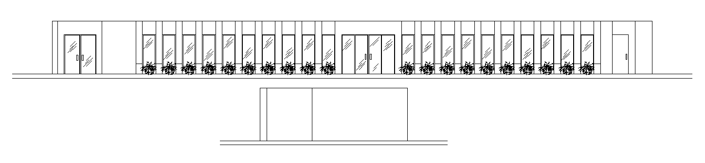 The front elevation view of 45x10m restaurant building is given in this AutoCAD drawing model. Download now.