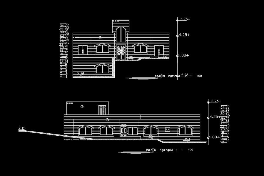 The front elevation view of the 10x10m house building drawing
