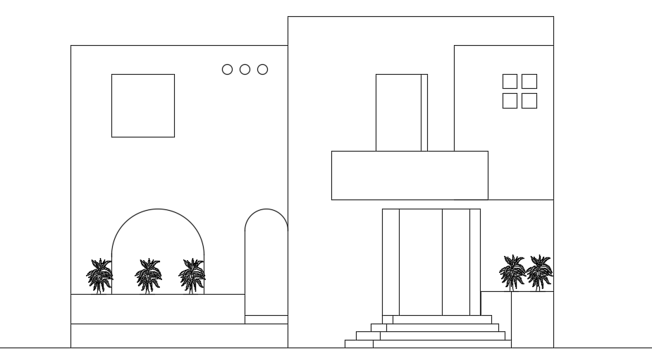 The front elevation view of the 10x12m luxury villa building AutoCAD 2d drawing