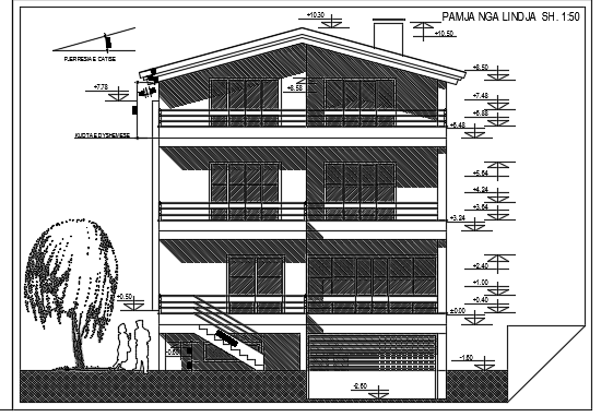 The front elevation view of the 10x13m house building drawing