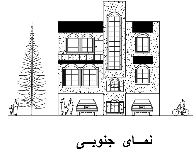 The front elevation view of the 10x13m house building with a garage