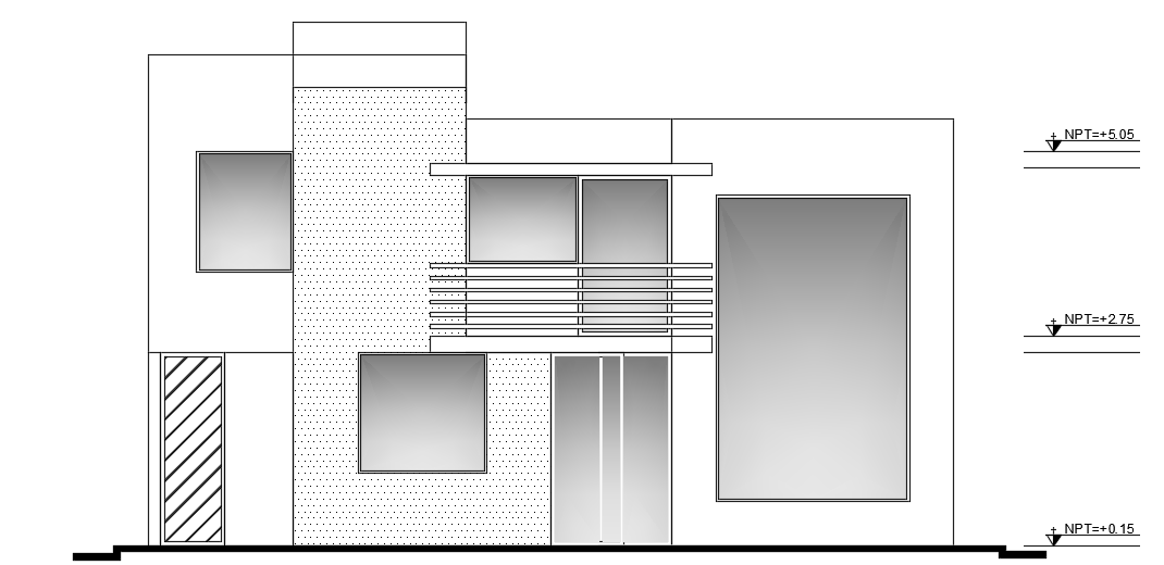The front elevation view of the 10x14m two story house building AutoCAD drawing