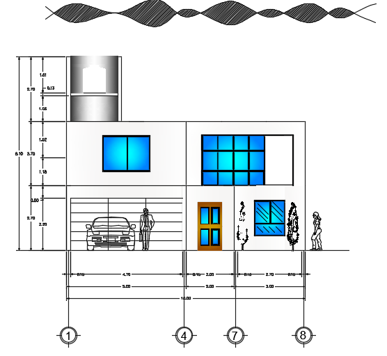 The front elevation view of the 10x15m house building CAD drawing