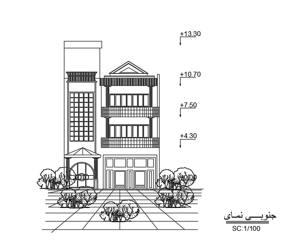 The front elevation view of the 10x15m house building is given in this file