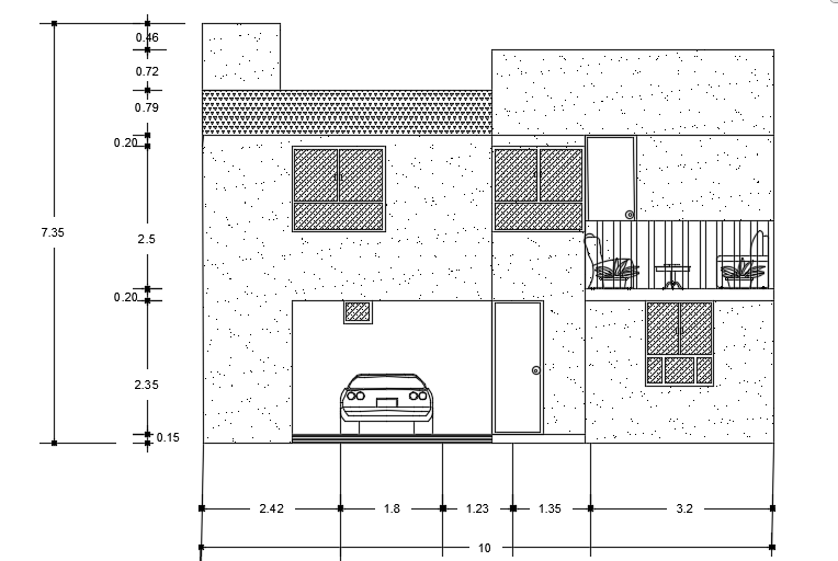 The front elevation view of the 10x16m house building AutoCAD diagram
