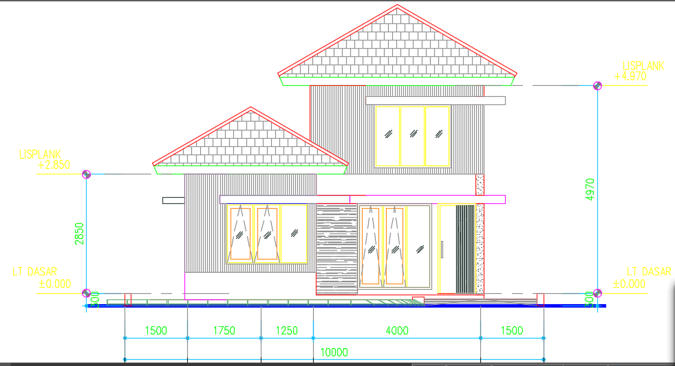 The front elevation view of the 10x20m residential home building
