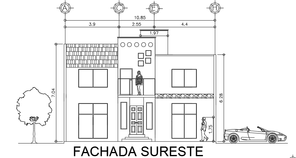 The front elevation view of the 10x22m house building