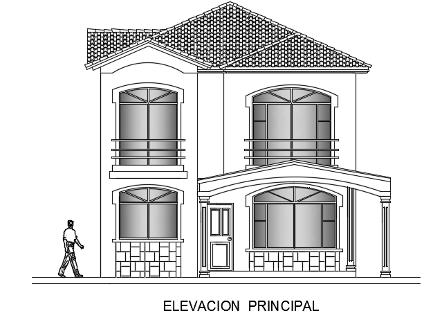 The front elevation view of the 10x28m double story villa building AutoCAD model