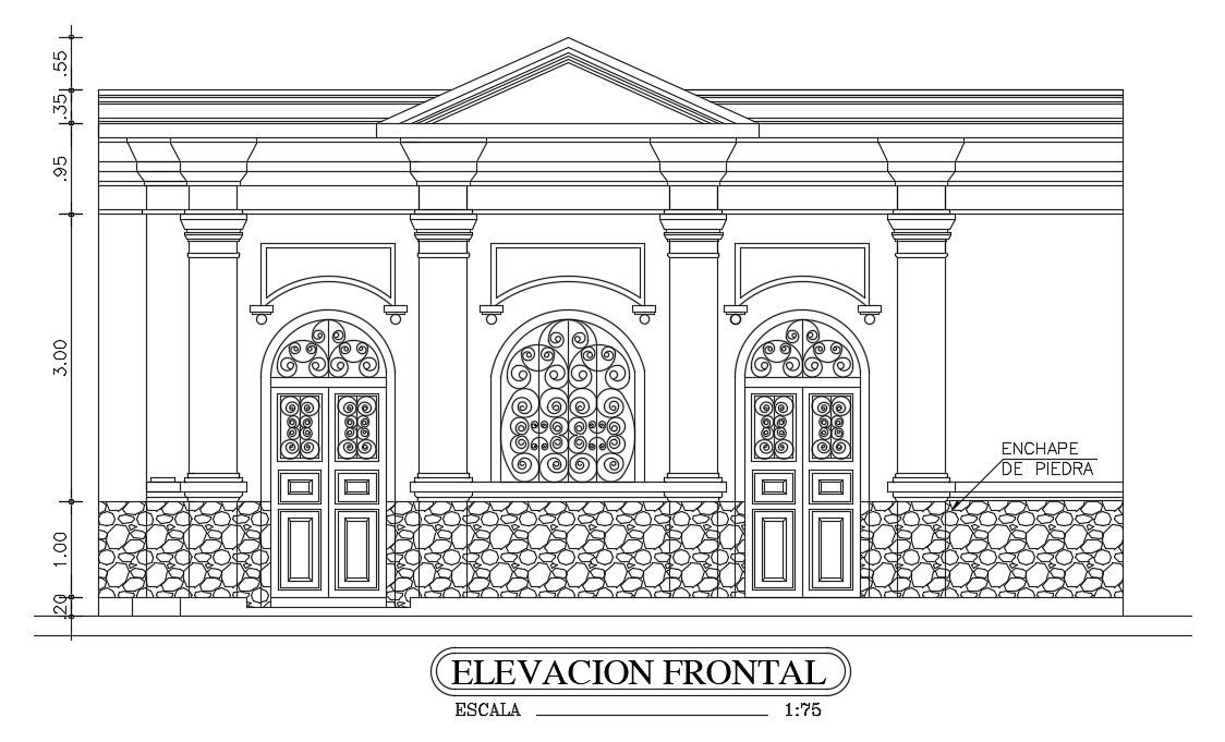 The front elevation view of the 10x7m bathroom is given in this AutoCAD drawing model. Download now.