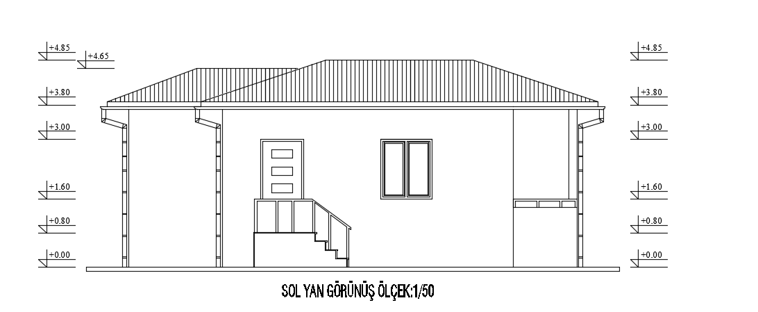 The front elevation view of the 10x8m architecture 1bhk house building cad 2d drawing