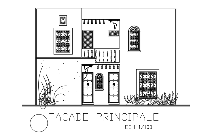 The front elevation view of the 10x8m house building cad drawing