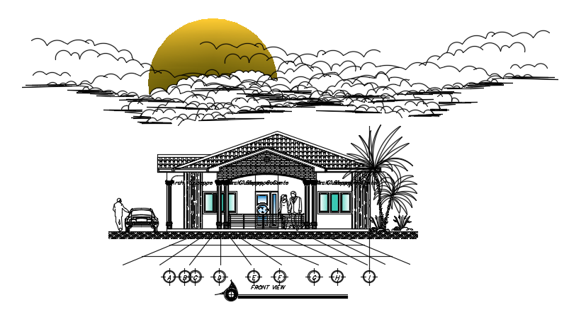The front elevation view of the 11x14m house building model