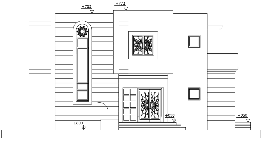 The front elevation view of the 11x15m residential house building