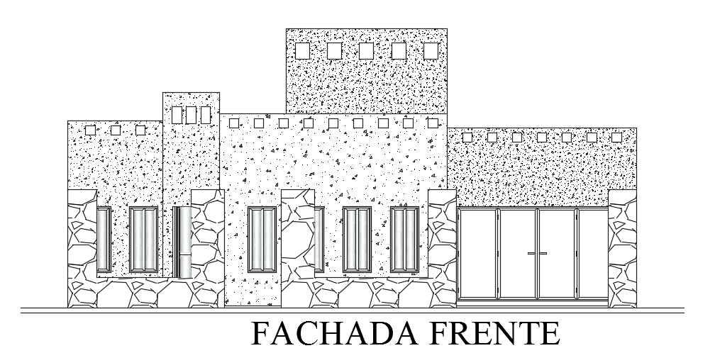 The front elevation view of the 11x19m single story 2bhk house building drawing