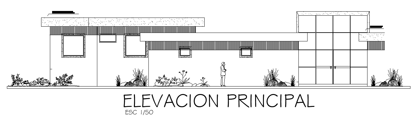 The front elevation view of the 126x54m hotel plan of the 22x13m admin office is given in this AutoCAD drawing model. Download now.