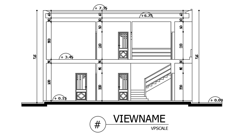 The front elevation view of the 12x12m house building is given