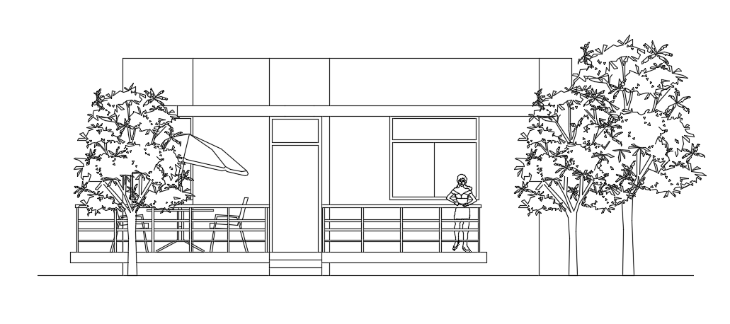 The front elevation view of the 12x12m single story house plan building drawing