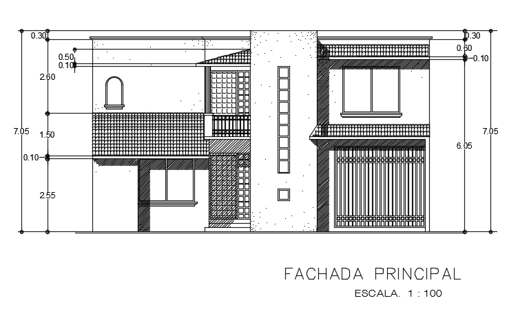 The front elevation view of the 12x13m house building