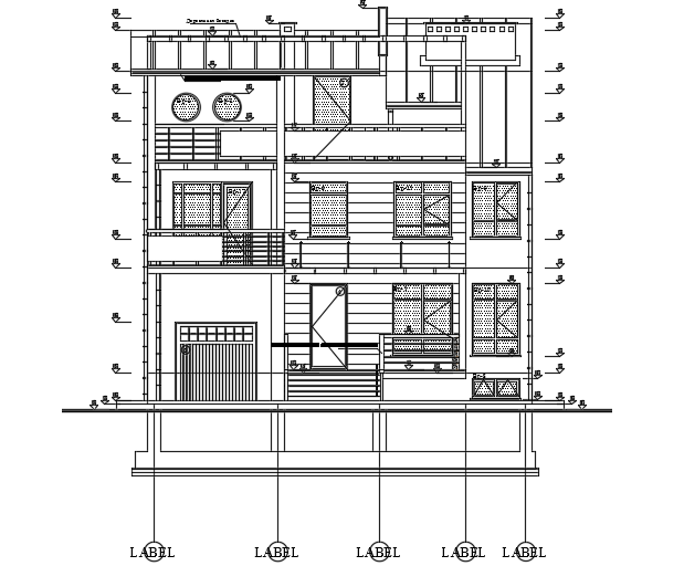 The front elevation view of the 12x15m house building CAD model is given in this file