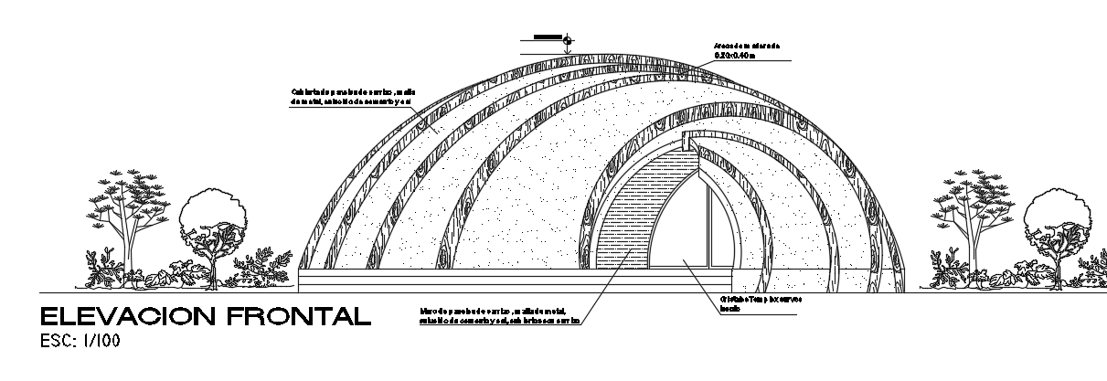 The front elevation view of the 12x17m bungalow house building 2d CAD DWG drawing