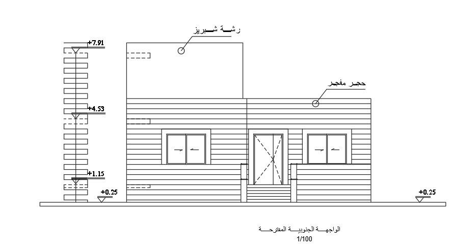 The front elevation view of the 12x17m house building