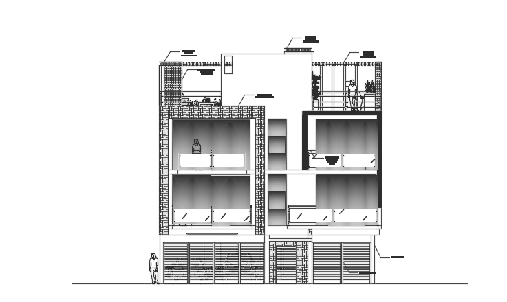 The front elevation view of the 12x21m three story house building AutoCAD model 