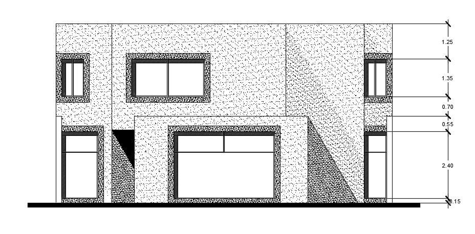 The front elevation view of the 12x30m two story residential house building cad drawing
