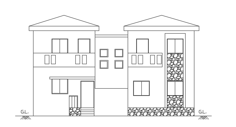 The front elevation view of the 12x8m two story house building cad drawing model