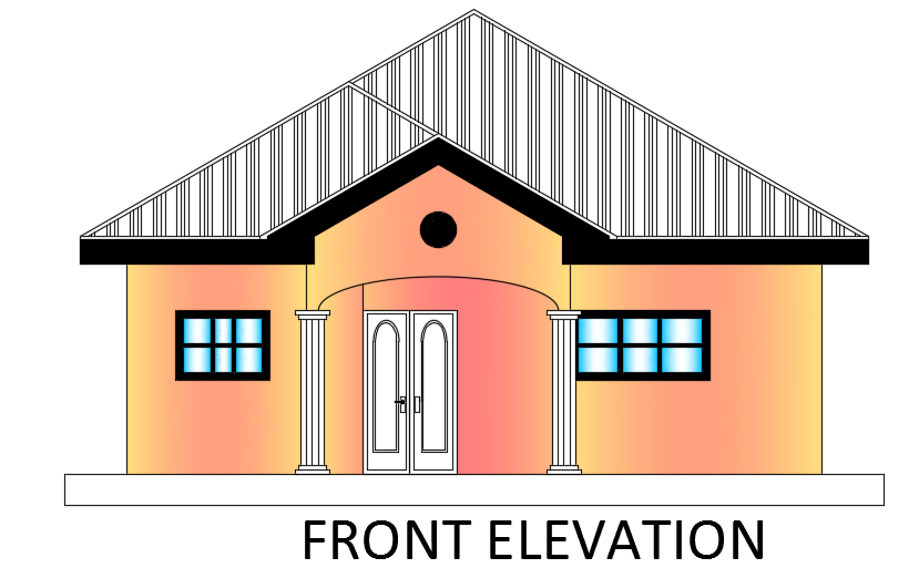 The front elevation view of the 12x9m house building CAD drawing