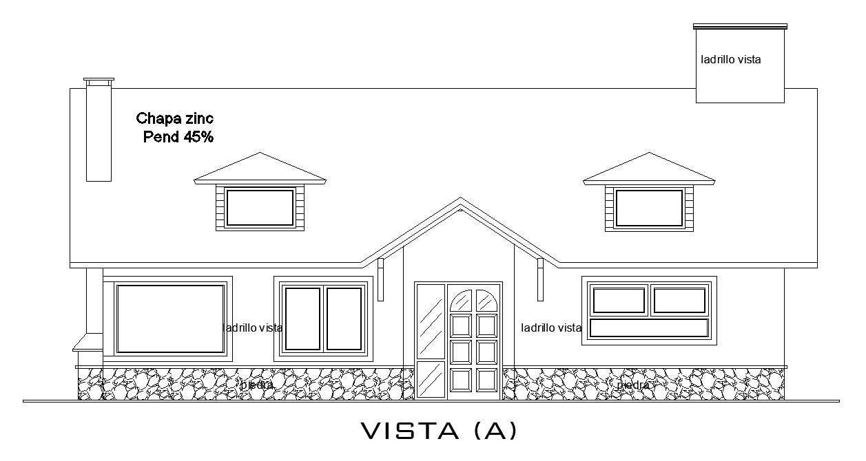 The front elevation view of the12x9m residential house building CAD drawing