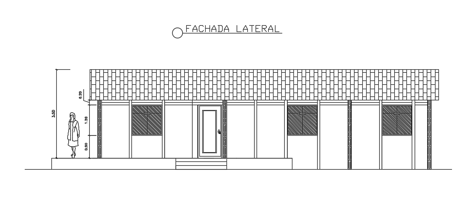 The front elevation view of the 13x10m 3bhk house building drawing