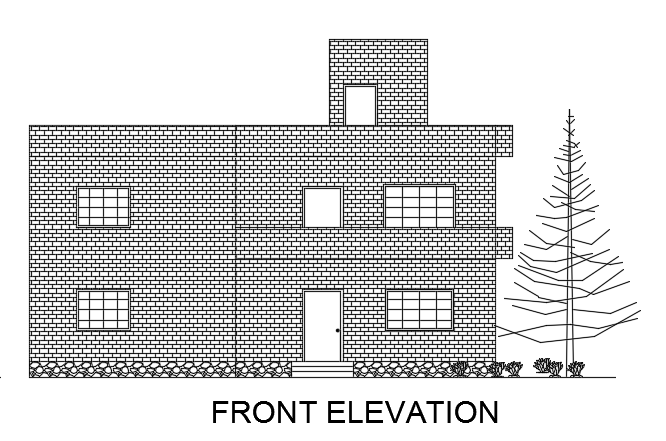 The front elevation view of the 13x11m house building CAD drawing