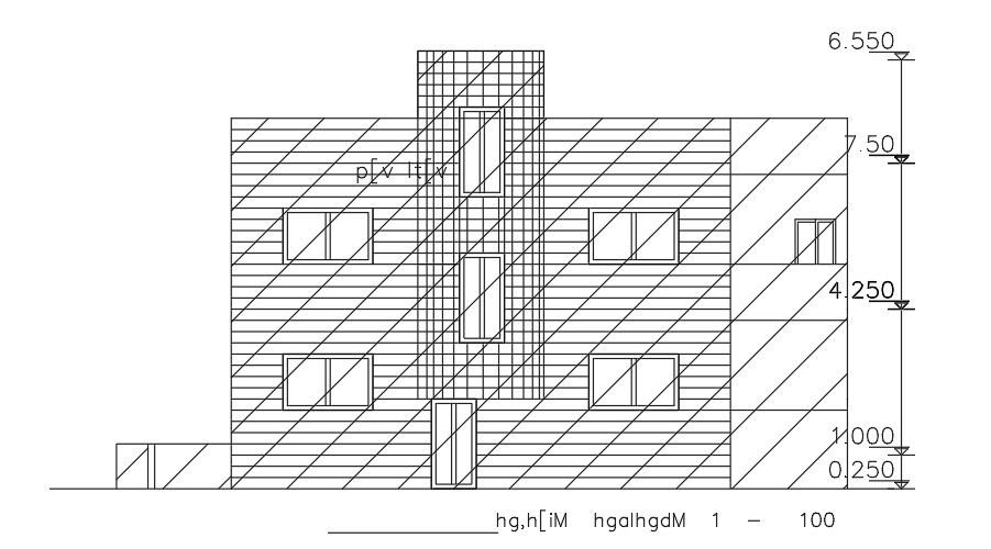 The front elevation view of the 13x12m house building