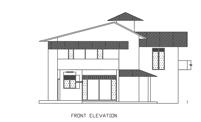 The front elevation view of the 13x14m house building is given in this file