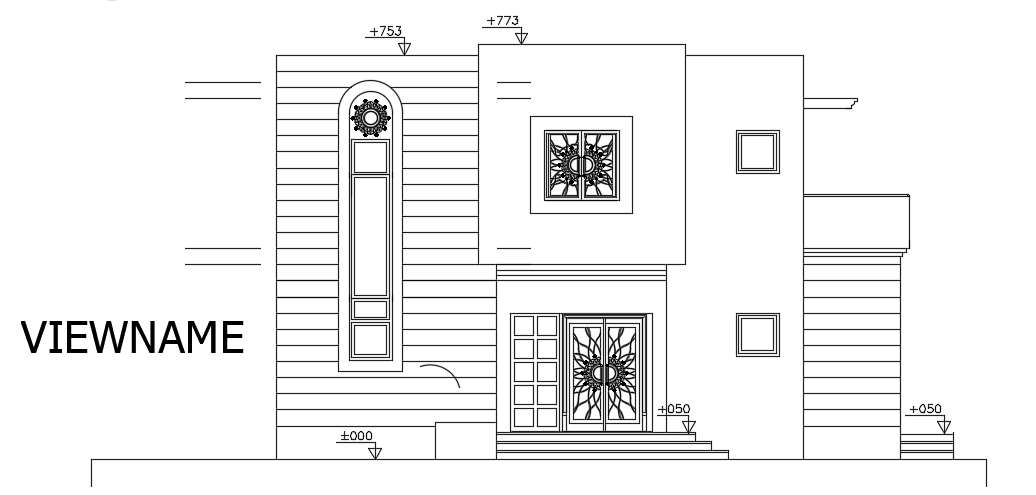 The front elevation view of the 13x15m house building CAD model