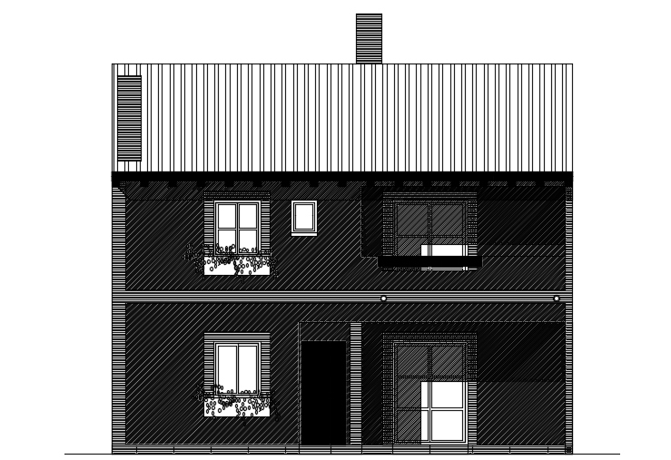 The front elevation view of the 13x16m villa building 2d AutoCAD model is given