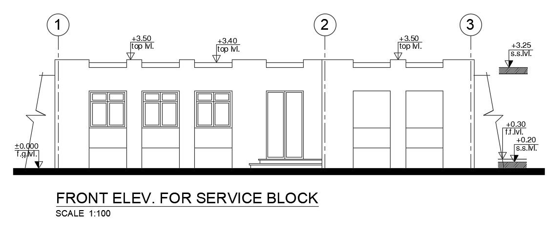 The front elevation view of the 13x6m kitchen is given in this AutoCAD drawing model. Download now.