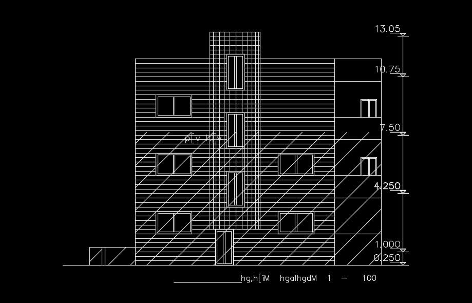 The front elevation view of the 14x14m architecture house building