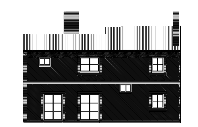 The front elevation view of the 14x16m two story duplex house building