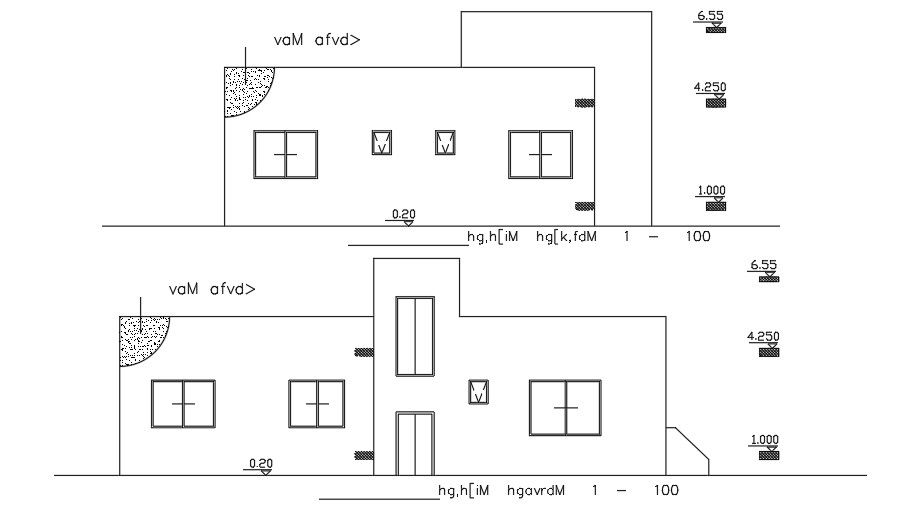 The front elevation view of the 14x17m house building